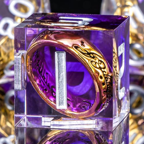 OUKELANWO Magic Lord Rings DND Dice Set with Box, 7Pcs Resin LOTR D&D Dice Set for Role Playing Game, Purple Dungeons Dragons D and D Sharp Edge Dice D20 D12 D10 D8 D6 D4 - color: Purple & White