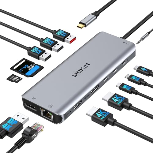 USB C Laptop Docking Station Dual Monitor Dual HDMI 4K DP Triple Display Hub, 13 in 1 MOKiN USB C Hub with 3 Monitors, DisplayPort, USB 3.1, RJ45, 100W PD, Card Reader, Audio/Mic, for Dell HP Lenovo