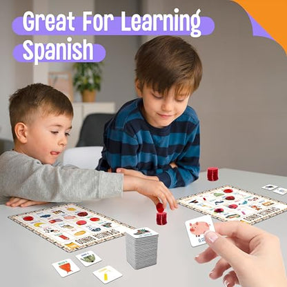 SpriteGru Spanish Bingo Game, 25 Bingo Board Spanish & English Vocabulary Word Game Bilingual Educational Toys for Language Learning - Ages 5 and up (Up to 25 Players) - style: 25 Pcs Spanish Bingo Game