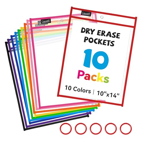 Gamenote 10 Pack Dry Erase Pockets with 5 Rings, 10 Assorted Colors 10x14 Oversized Reusable Plastic Sleeves, Clear Sheet Protectors, Teacher Supplies for Classroom Organization - color: Assorted Colors, size: 10 Pack