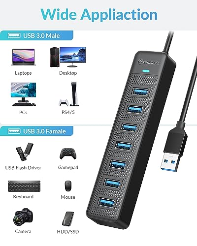 PHIXERO 7 Port USB Hub, 3.3FT/1M Long Cable USB 3.0 Hub Multi USB Port Hub Adapter Extension USB Splitter USB Hub for PC, Compatible with All USB 3.0/2.0/1.1 Device - size: 1m Cable