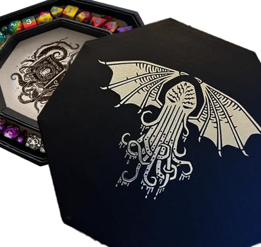 Fantasydice - Cthulhu Tome - Silver Dice Tray with Lid – 9" Octagon with Dice Staging Area – Holds 5 Dice Sets for D&D, Call of Cthulhu, Shadowrun, and All Tabletop RPGs - color: Silver
