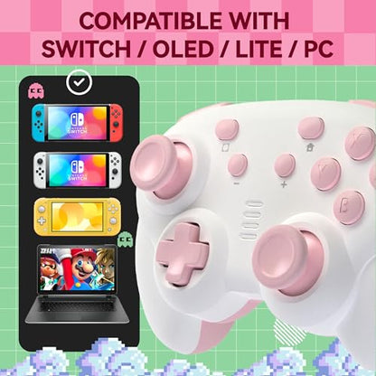 turbX Mini Mate Wireless Gaming Controller, Nintendo Switch Gamepad Joystick & Wired PC Windows Steam, Complimentary LED RBG Charging Stand w. Glowing Light, 6-Axis Gyro, 3D Joystick, Cute Pink - color: Pink