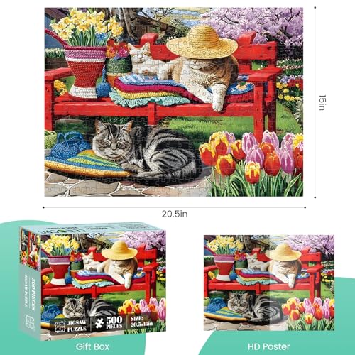500 Piece Puzzles for Adults, Cat & Garden Jigsaw Puzzle, Ideal Gift | Perfect for Family Game Night, Home Wall Decor, Ideal Gift for Adults, Seniors, 20.5 x 15 in - style: Cats' Nap