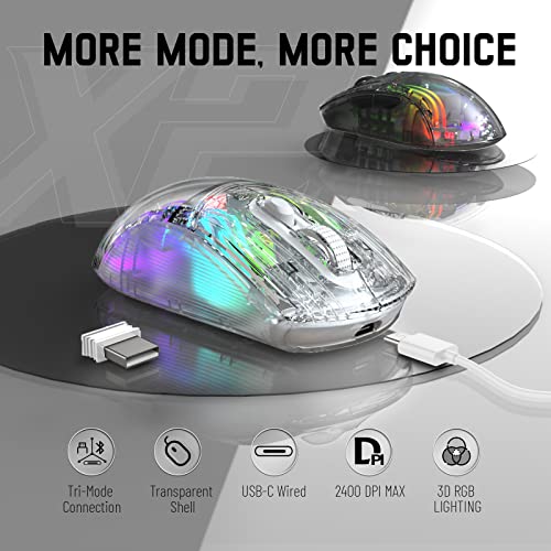 Wireless Gaming Mouse PC Transparent Shell Computer Mice with Dual mode BT5.0/2.4G,PixArt Chip 3D RGB Lighting,Ergonomic 7 Buttons,Rechargeable Mute Mouse for PC Laptop Tablet PS4 PS5 Xbox one - color: White