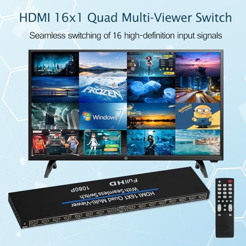 HDMI Quad MultiViewer 16x1, Seamless Switcher 16 in 1 Out with IR Remote Control, Support 1080p and 8 Viewing Modes - size: 16x1 HDMI Multiviewer Switch