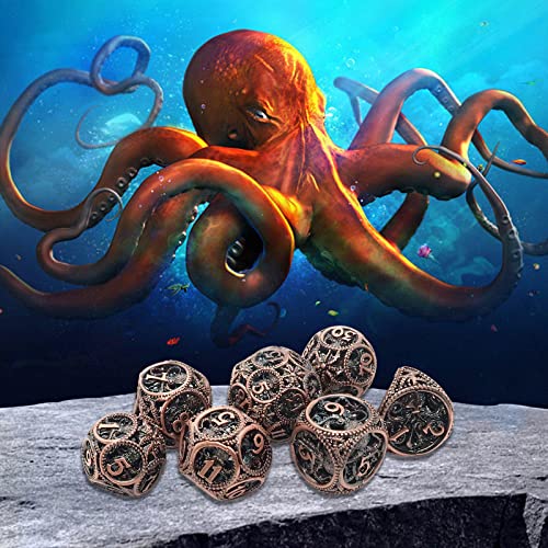 DND Dice,Hollow D&D Metal Dice,Unique Round Ball Design Octopus Dice with Gift Box for Dungeons & Dragon Gaming,7 PCs Steampunk Polyhedral D and D Dic(Ball Octopus red Copper) - color: Ball Octopus Red Copper