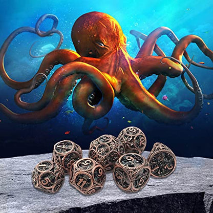 DND Dice,Hollow D&D Metal Dice,Unique Round Ball Design Octopus Dice with Gift Box for Dungeons & Dragon Gaming,7 PCs Steampunk Polyhedral D and D Dic(Ball Octopus red Copper) - color: Ball Octopus Red Copper