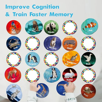 Hebayy Realistic Animal Matching Game, 50 PCS Round Animal Memory Matching Cards for Toddlers 25 Pairs Real Animal Memory Cards Educational Toys for Preschool Boys & Girls 4 5 6 Years Old - style: Real Animals-C（Round 3 inch）