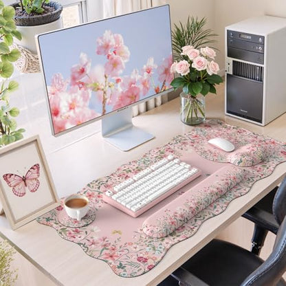 iCasso Desk Mat Set,Large Mouse Pad with Wrist Rest,Ergonomic Keyboard Wrist Support for Women,Girly Floral Computer Mat with Scalloped Edges,Non-Slip Desk Pad Home Office Gaming (Pink) - color: Pink
