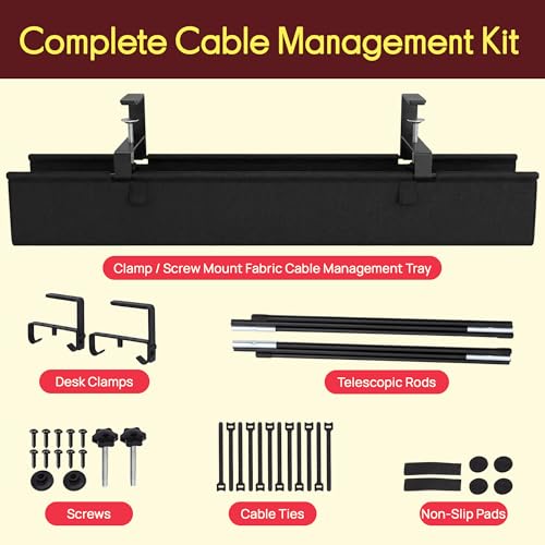 Pyle 48" Under Desk Cable Management Tray, Under Desk Wire Organizer with Clamp or Screw Mount, Desk Cable Organizer with Fabric Design for Large Workstations, Built-in Ties, 20 lb Capacity, Black - size: 48"