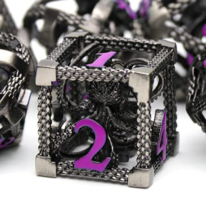 DND Dice Set,3D Octopus Hollow Metal 7-Die,Purple Numbers | copper construction,72g balanced weight,engraved numbers,gift box and velvet bag for DND RPG play - color: Cthulhu Purple Number