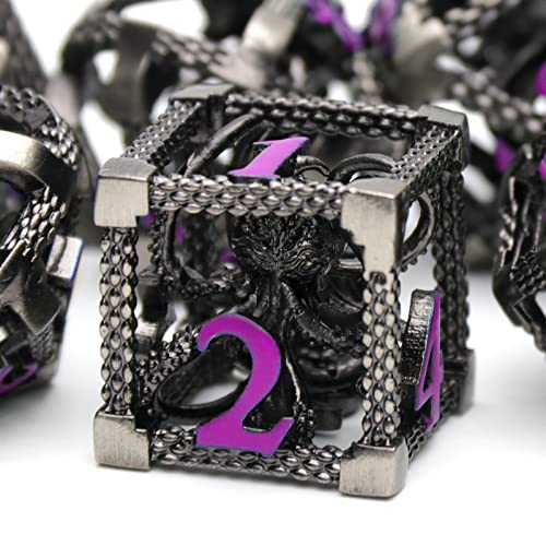 DND Dice Set,3D Octopus Hollow Metal 7-Die,Purple Numbers | Lightweight Copper Dice,Easy-To-Read Numbers,a Gift Box and Velvet Bag for RPG Play,Gifting and Collecting. - color: Cthulhu Purple Number
