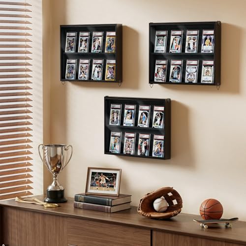 Emfogo Card Display Case, 3 Pack Trading Card Display with Clear View, Wooden Graded Sports Card Display Case Wall Mounted, Baseball Card Display Frame for Trading Card Collection (3 Pack-Black) - size: 2-Layer 3 Pack