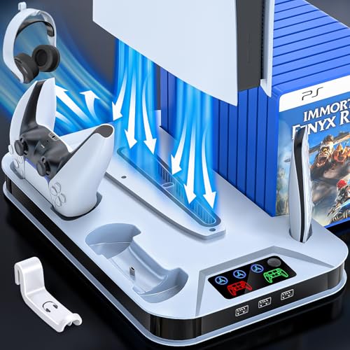 PS5 / PS5 Slim Cooling Station with Controller Charging Station for PlayStation 5 Console Disc/Digital, Cooling Stand for PlayStation 5 Slim with Cooler Fan Accessories with 3 USB Hubs/Headset Holder - color: White