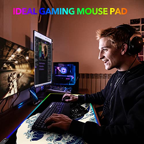 RGB Gaming Mouse Pad Large, AIMSA Keyboard Led Mousepad Extended 35.4 x 15.8 inch Non-Slip Rubber Base with 14 Lighting Modes, Big Desk Mat Waterproof, Big Waves - color: Big Waves