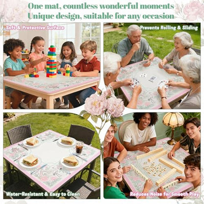 Chinoiserie Mahjong Mat for Table, 31.5" x 31.5" Pink Anti Slip and Noise Reduction Multi Purpose Pretty Gaming Mat for Poker, Card, Dominoes, Board & Tile Games, Mahjong Gift with Carrying Bag - style: Garden