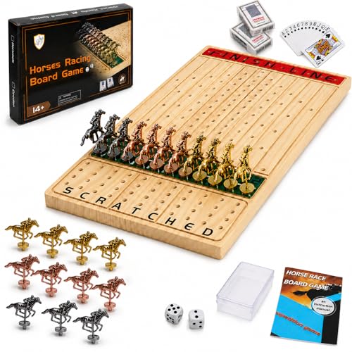 Jyquorp Horse Race Board Game (15.6" x 10") Solid Wood Horse Racing Board Game Set for 2-11 Players with 11 Luxury Metal Horses, 2 Dice & 2 Card Decks, Gifts for Family Party - color: Log, style: 15 Inch Rectangle