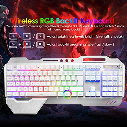 Wireless Gaming Keyboard and Mouse,RGB Backlit Rechargeable Keyboard Mouse with 5000mAh Battery Metal Panel,Removable Hand Rest Mechanical Feel Keyboard and 7 Color Gaming Mute Mouse for PC Gamers - color: White RGB