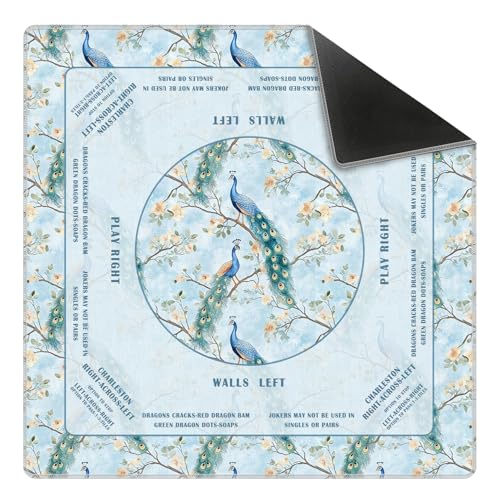 Blue Chinoiserie Peacock Floral Mahjong Mat 31.5 x 31.5 in,Traditional Chinese Flower Non-Slip Noise Reduction Gaming Mat for Table American Mahjong Poker Board Games Card Games Dominoes - color: Blue Chinese Style Peacock Mahjong Mat