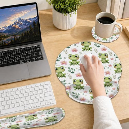 Cute Frog Wrist Rest Mouse Pad and Keyboard Support Set,Lotus Flower 3 in 1 Ergonomic Memory Foam Mousepad with Non Slip Base, Gaming Mouse Pad for Office and Home - color: Cute Frog Lotus Flower
