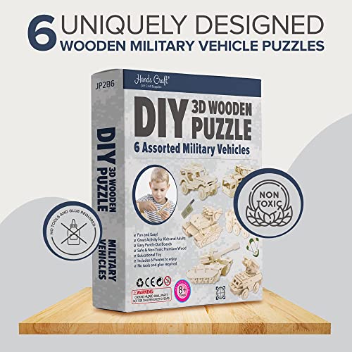 Hands Craft DIY 3D Wooden Puzzle – 6 Assorted Military Vehicles Bundle Pack Set Brain Teaser Puzzles Educational STEM Toy Adults and Kids to Build Safe and Non-Toxic Easy Punch Out Premium Wood JP2B6 - color: Miliatary Vehicles