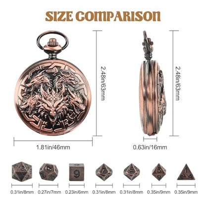 D&D Dice Set,7PCS Metal Dice for Dungeons and Dragons,Mini Dice Set with Pocket Watch Case,Role Playing Board Games Accessories (Dragon, Copper) - color: Copper, style: Dragon