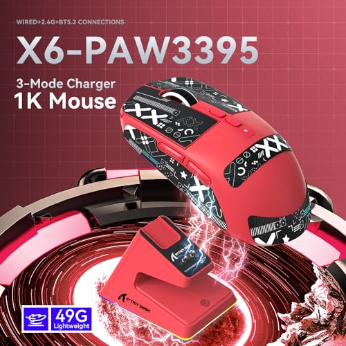 ATTACK SHARK X6 Lightweight Wireless Gaming Mouse with RGB Backlight Charging Base,Tri-Mode Wired/2.4GHz/BT5.2,26K DPI, PAW3395 Optical Sensor,HUANO Switch,5programmable Buttons,PC/Mac(Red+Sticker) - color: Red, size: Mouse with Anti-slip sticker