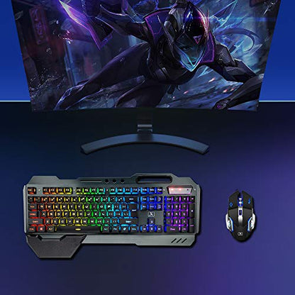 Wireless Gaming Keyboard and Mouse,RGB Backlit Rechargeable Keyboard Mouse with 5000mAh Battery Metal Panel,Removable Hand Rest Mechanical Feel Keyboard and 7 Color Gaming Mute Mouse for PC Gamer - color: Black RGB