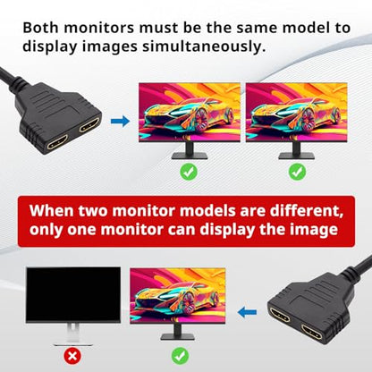 HDMI Splitter Cables Male 1080P to Dual Female 1 to 2 Way HDMI Splitter Adapter Cable for HDTV HD, LED, LCD, TV, Mirror Only Support Two The Same Size TVs at The Same Time 30cm