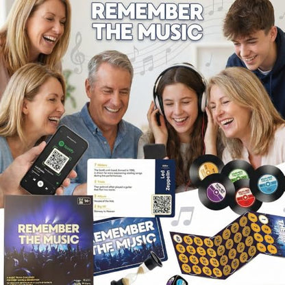 REMEMBER THE MUSIC - Music Trivia Party Board Game with 350 Artist & Song Cards, Spotify QR Audio Clues for Adults & Family, 2-6 Players