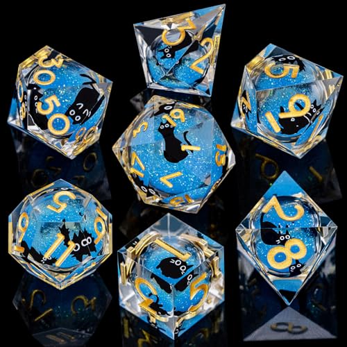 DND Cat Dice Set Blue Sharp Edge Dice with Box, RPG D and D Dice Dungeons Dragons Role Playing Game Polyhedral Resin Dice Set D20 D12 D10 D8 D6 D4 - color: Golden Blue