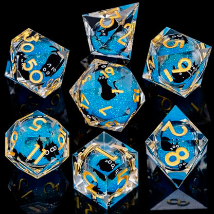 DND Cat Dice Set Blue Sharp Edge Dice with Box, RPG D and D Dice Dungeons Dragons Role Playing Game Polyhedral Resin Dice Set D20 D12 D10 D8 D6 D4 - color: Golden Blue