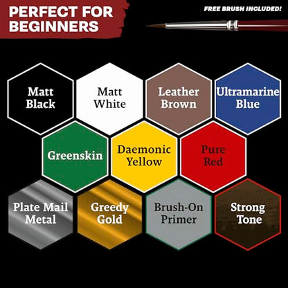 The Army Painter, Warpaints Fanatic Starter Set, 11 x 18 ml | Incl. Metallics, Wash, Brush-On Primer, 1 Figures 28mm & 1 Brush - Acrylic Paint Set, For Dnd & Warhammer 40K Miniatures