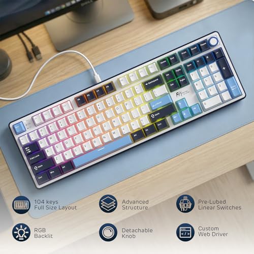 RK ROYAL KLUDGE X104 Wired Full Size Mechanical Gaming Keyboard, Metal Knob | Creamy Keyboard with Number Pad,104 Keys RGB Computer Keyboard Hot Swappable Linear Switch, Online Software for Wins/Mac - color: Star Blue, size: Silent Linear Switch