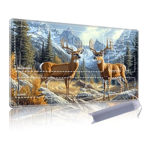 Premium CCG Playmat with 6 Gaming Zones | 28x16 Non-Slip Rubber Surface MTG Mat | Black Play Card Storage Pouch for TCG Playmat | Autumn Forest with Deer - color: Autumn Forest With Deer, size: 15.7*27.6 in