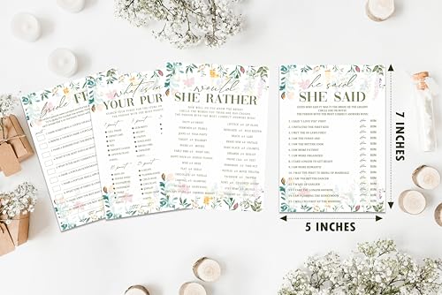 Wildflower Bridal Shower Games Set, 4 Games Includes He Said She Said, Would She Rather, What is in Your Purse, Bride Feud, 50 Double-Sided Cards, Wedding Party Supplies -02 - style: 4 Games Set-02