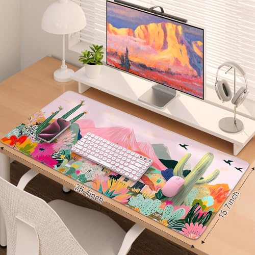 iCasso Desk Mat,Cute Mouse Pad for Desk,35"x16",Home Office, Cactus | Waterproof Desk Pad with Non-Slip Rubber Base and Stitched Edges, Extended Keyboard Mousepad for Computer, Home Workspace - color: A-cactus