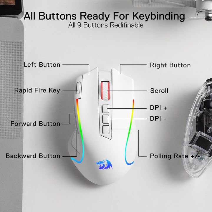 Redragon M612 Wireless RGB Optical Gaming Mouse 8000 DPI Remapping Keys | Cable-Free 0 Delay, Redefine Keybinding Macro, Vibing Backlight, Ergonomic Grip Body Comfort - color: White, style: Wireless