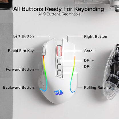 Redragon M612 Wireless RGB Optical Gaming Mouse 8000 DPI Remapping Keys | Cable-Free 0 Delay, Redefine Keybinding Macro, Vibing Backlight, Ergonomic Grip Body Comfort - color: White, style: Wireless