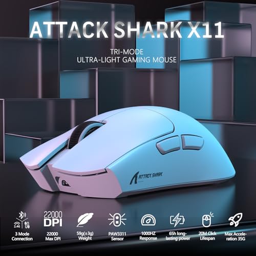 ATTACK SHARK X11 59g Lightweight Wireless Gaming Mouse,RGB Magnetic Charging Dock,PixArt PAW3311 Gaming Sensor,Tri-Mode-BT/2.4G Wireless/Wired Mouse,22000 DPI,5 Programmable Buttons for Pc/Mac(White) - color: white