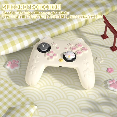 PlayVital for Nintendo Switch 2 Pro Controller Silicone Cover – Cherry Blossoms Kitten Cute Protective Skin Case for Switch 2 Pro Controller w/Back Button Cap & Thumb Grip & Sticker - Antique Yellow - color: Antique Yellow