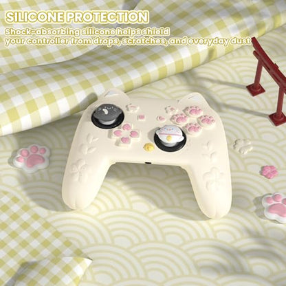 PlayVital for Nintendo Switch 2 Pro Controller Silicone Cover – Cherry Blossoms Kitten Cute Protective Skin Case for Switch 2 Pro Controller w/Back Button Cap & Thumb Grip & Sticker - Antique Yellow - color: Antique Yellow