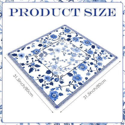 Mahjong Mat 31.5" x 31.5" – Blue Chinese Floral Design, Rubber Non-Slip Noise-Reducing Game Table Cover for Mahjong, Poker, Dominoes & Board Games (Blue)
