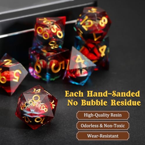 MoKo Liquid Core DND Dice Set 7PCS, Mixed + Gold | Sharp Edge Resin Polyhedral, D20 D12 D10 D8 D6 D4 D%, Gift Box Included, Compatible with Dungeons and Dragons RPG - color: 1 - Mixed + Gold