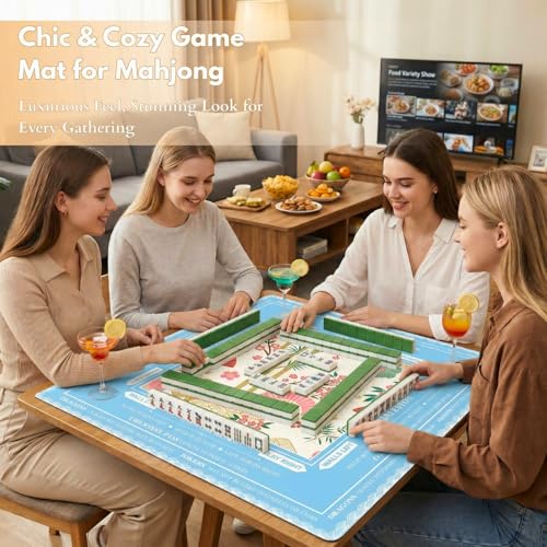 Blue Mahjong Mat for Table, American Mahjong Table Mat with Rules & Bag, Mahjong Gifts, Non-Slip Neoprene Travel Mahjongs Tables Cloth for Poker, Board Card Games, 32.4x32.4 Inch(Chinoiserie)