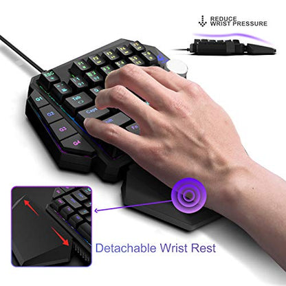 One-Handed RGB Mechanical Gaming Keyboard,Upgrade Multimedia Knob USB Wired Professional Gaming Keypad with Macro Function, Detachable Wrist Rest For PC/Xbox/PS4 (Black/Blue Switch)
