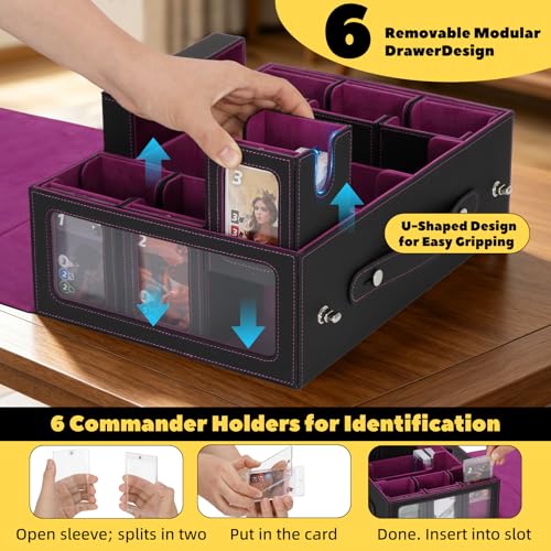 MTG Commander Deck Box with Handle, 6Removable Boxes,2-Row Case & Dice Tray | 9-in-1 Large Card Storage Box, Holds 1400+ Double-Sleeved Cards, Display Window,Mag Holders, Latch Closure,Fit TCG/EDH,Purple - color: Purple