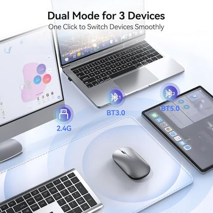 TECKNET Bluetooth Mouse for MacBook, [ USB + BT5.0 + BT3.0 ] Rechargeable Wireless Mouse, Silent Click, 4-Level DPI, Portable Computer Mice for MacBook/MacBook Air/Pro/iPad/Laptop/Android/Windows - color: Silver
