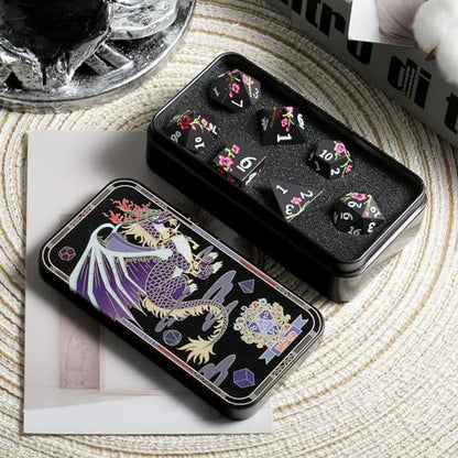 Metal Dice Set D&D, DNDND 7 PCS Flower Metallic DND Dice Set with Grogeous Gift Case for Dungeons and Dragon Tabletop Game (Matte Black with Pink Flower) - color: Flower Black
